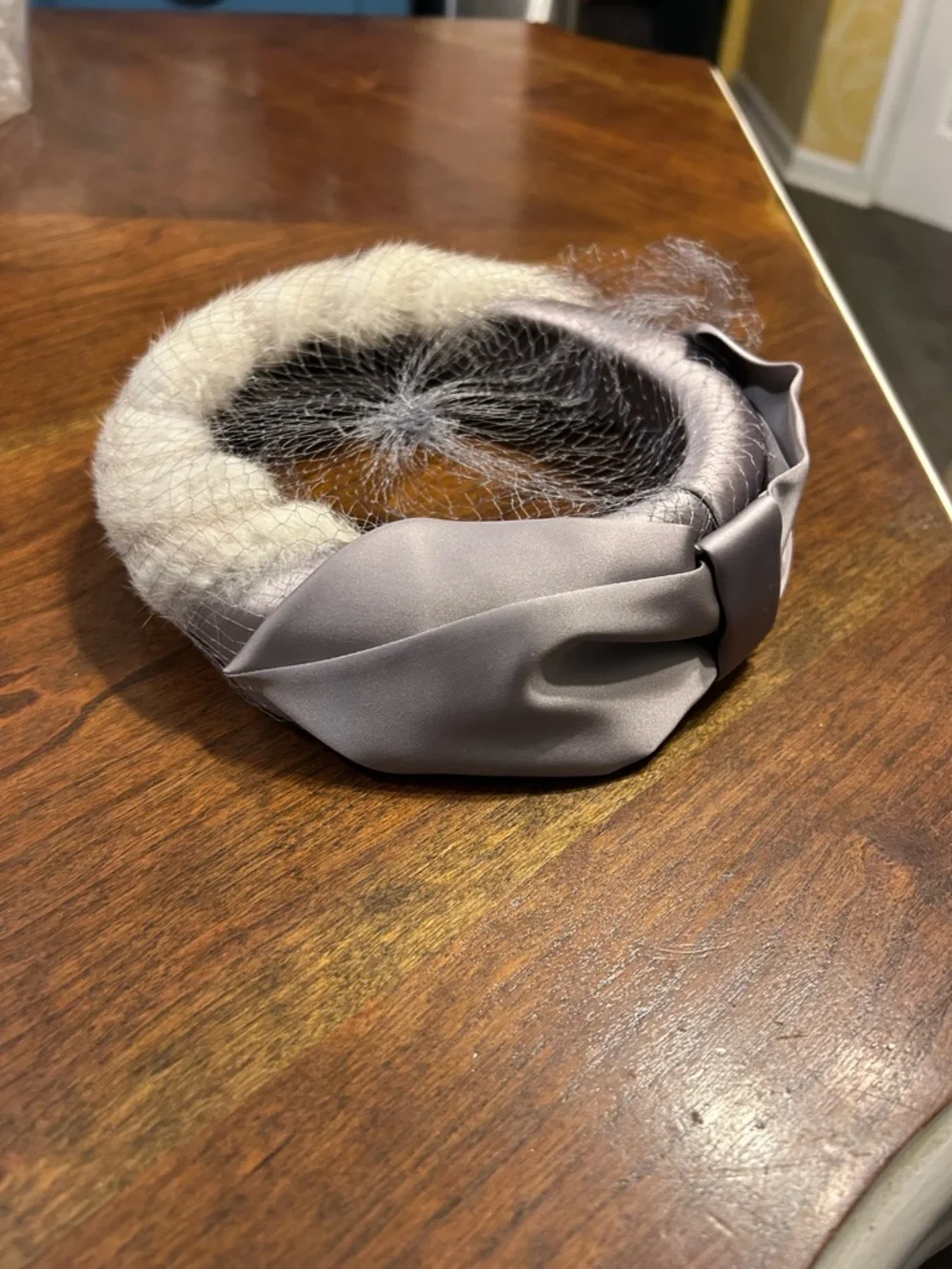 Vintage Ivory Braided Fur Headband with Gray Satin Knot and Veil - Picture 2 of 5